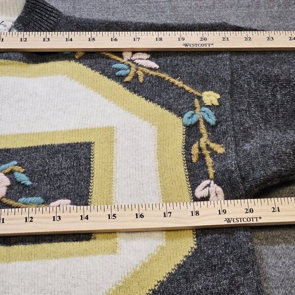 Point Sweater Women M/L Gray Floral Embroidery Italy LS Crewneck Wool Blend Boho - Picture 4 of 11